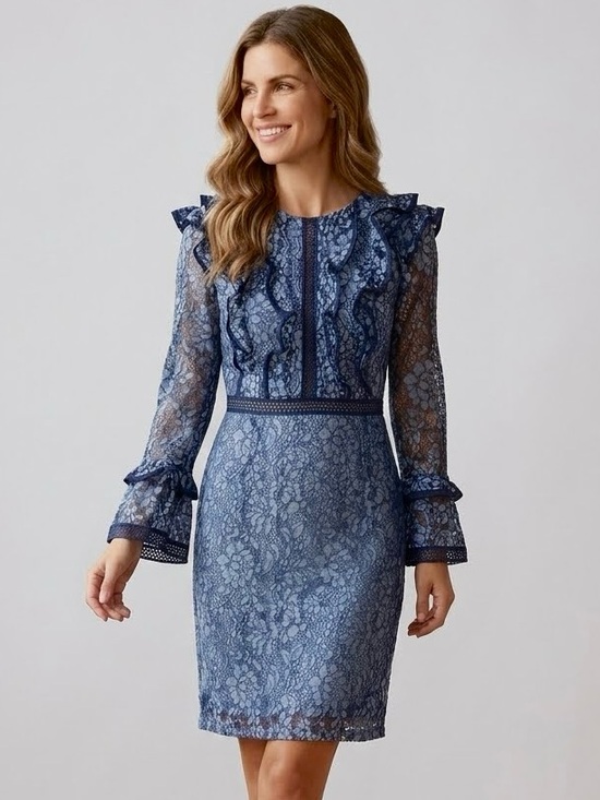 Diandian Didi Dresses & Skirts - Diandian Didi Ruffle Lace Trim Midi Knee Length Dress, Blue and Black, Size S/M